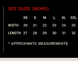 Yokai Apparel oversized unisex size guide, XS through XXL